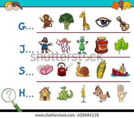 Cartoon Illustration of Finding Picture Starting with Referred Letter Educational Game for Kids Stock fotó © 
