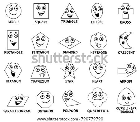 Black and White Cartoon Vector Illustration of Educational Basic Geometric Shapes Characters with Captions for Preschool or Elementary School Children