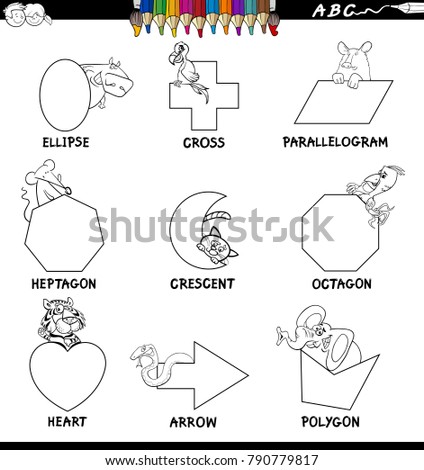 Black and White Cartoon Illustration of Basic Shapes Educational Workbook Set for Children with Animals Characters