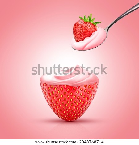 Strawberry yoghurt ads,  a spoon of creamy strawberry yogurt isolated creative poster, 3d illustration of strawberry natural ads 