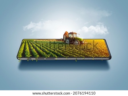 3d illustration of smart farming concept, tractor on a smartphone, farm online management ads, farming control technology online. Imagine de stoc © 