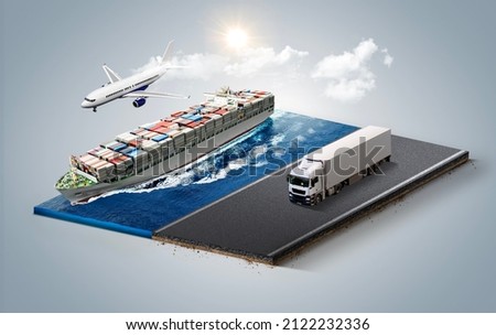 3d illustration of truck on the road, sea cargo and air cargo isolated. All means of cargo isolated.  Foto stock © 
