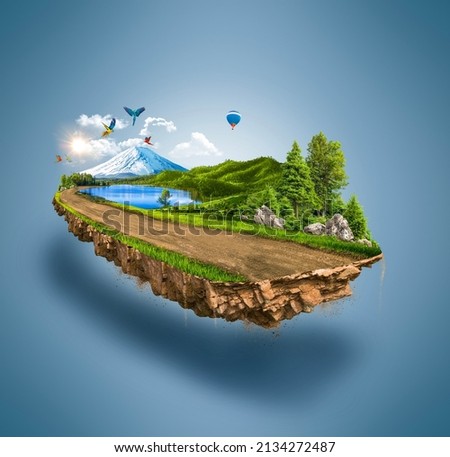 3d illustration of piece of green land isolated, creative travel and tourism off-road design trees. unusual illustration Foto d'archivio © 