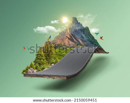 3d illustration of piece of green land isolated, creative travel and tourism off-road design trees. unusual illustration Stockfoto © 