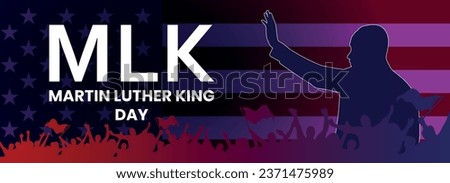 Martin Luther King day, USA flag in background, happy MLK celebration, side profile with stars and stripes, horizontal banner, people cheer, strike, parade, riot, protest or rally