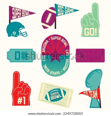 A set of Super Bowl tournament icons and stickers February American football bowl tournament Football field in Arizona 