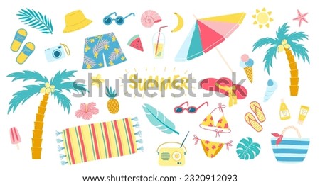 Summer beach set. Sea and ocean recreation attributes, parasol, sunglasses, slippers and swimsuits. Vector summer vacations set