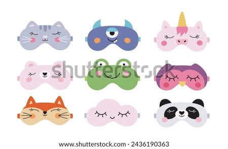 Set of cute sleep eye masks. Night accessory for healthy sleeping, travel and recreation. Isolated vector illustrations on white background