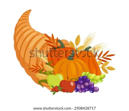 Thanksgiving Day cornucopia. Fall harvest horn with plenty of pumpkins, corns, grapes, apples decorated by leaves and cranberries