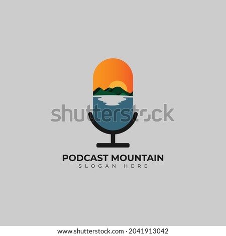 Mountain sunset podcast mic logo design