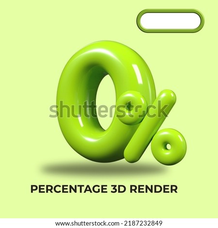 3D render number 0% percentage green plastic, balloon, sale discount, progress, shop kid sale