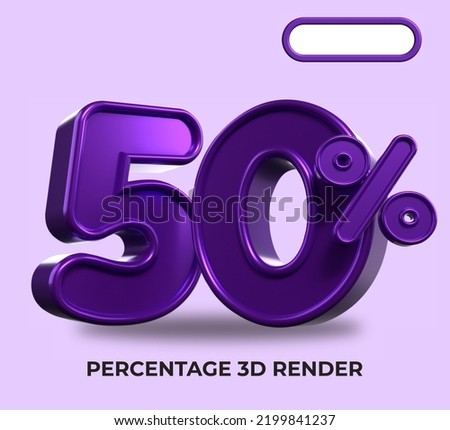 3D Render percentage number 50% for discount process progress purple color