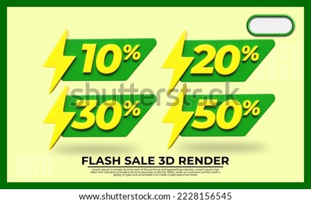 bundle of 3D render flash sale discount 10%, 20%, 30%, 50%, element transparent green and yellow