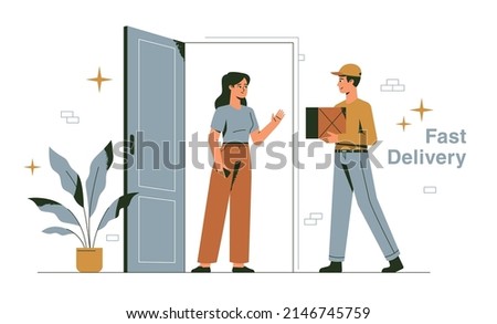 Fast delivery service man giving box to customer door vector illustration