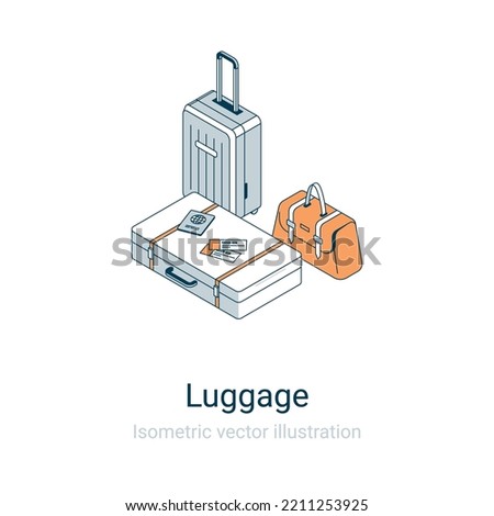 Airport luggage flat isometric vector icon illustration. 3d baggage symbols isolated on white