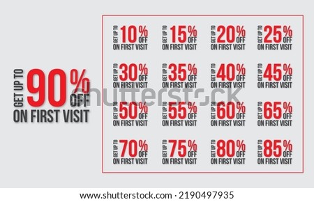 Set of number special discount get up to on first visit 10, 20, 30, 40, 50, 60, 70, 80, 90 percent off