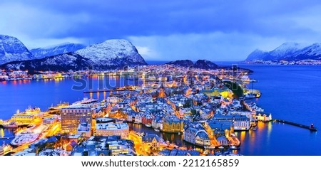 Similar – Foto Bild Alesund, Norwegen. Night View Of Moored Schiff in Alesund Insel. Sommer Morgen.