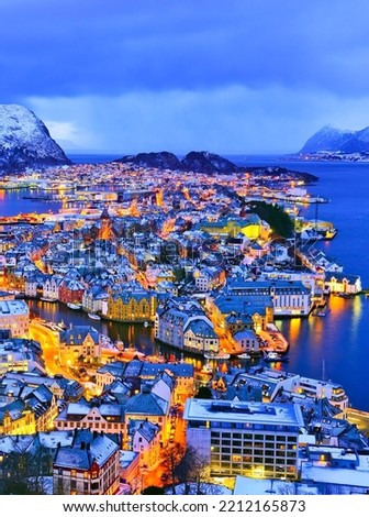 Similar – Foto Bild Alesund, Norwegen. Night View Of Moored Schiff in Alesund Insel. Sommer Morgen.