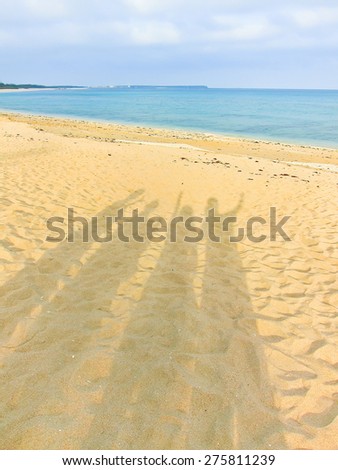 Shadow of happy tourists at beach in summer