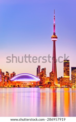 Toronto, Canada - October 14, 2015: View of Toronto skyline at dusk from Toronto Island, Ontario, Canada on October 14, 2015.