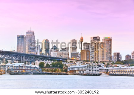 Sydney, Australia - January 24, 2015: View of Sydney skyline and Darling Harbour at twilight in Sydney on January 24, 2015.