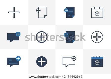 Plus Icon Set in Circle, Document, Notepad, Message, Calendar vector icon bundle isolated on white background