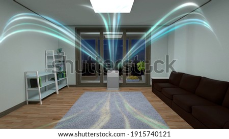 3D illustration of a white air cleaner making indoor air fresh all day in a closed room.