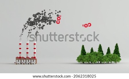 3d rendering to illustrate carbon neutrality. Carbon dioxide emitted from fossil fuels is neutralized with forest. Foto stock © 