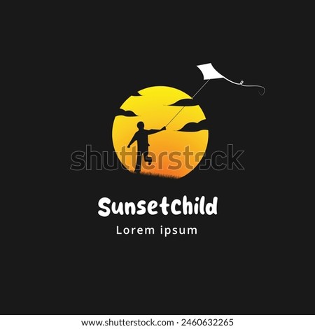 child playing kite at sunset vector logo design