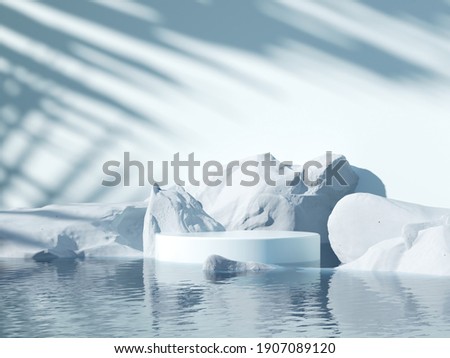 Minimal cool-tone background for product and cosmetic presentation. The white stone podium on the water in front of Sunshade shadow with a cold winter mood. realistic, render 3d  illustration. Stock foto © 