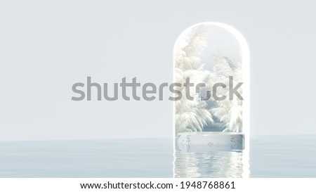 Minimal white arch background with marble podium on the water among the glass sphere bubbles for product and cosmetic presentation. The classic decorated wall. realistic rendering 3D illustration.