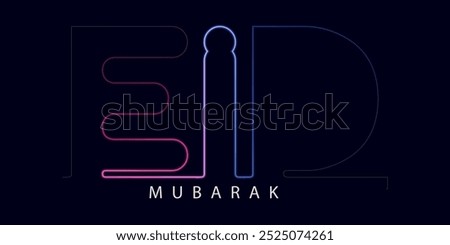 Eid Mubarak premium vector illustration with luxury design. Blue pink gradient eid mubarak background, neon text