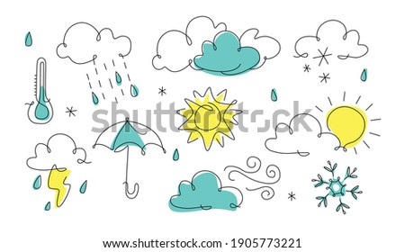 Weather icon in line art. One line style forecast illustration, continuous line. art outline. Cloud, Sun, thunder, rain, snowflake, wind. Vector illustration