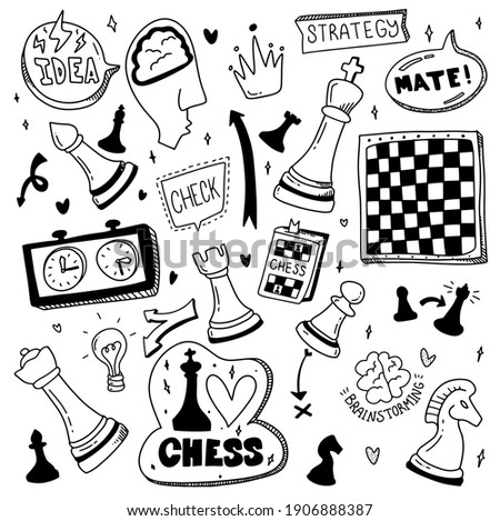 Doodle Set Chess. Cartoon illustration about check and mate. Strategy concept. Vector.