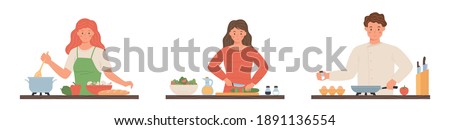 Collection of people cooking at home. Collection of cartoon man and woman preparing food. Cartoon character flat vector illustration.