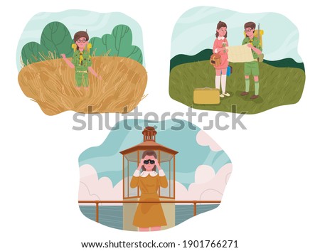 Set of tourists people characters for hiking and trekking. Hiking man and woman concept. boy scout. boot camp. Vector illustration flat design