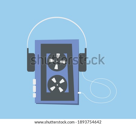 Vintage personal cassette player with headphones. Walkman. Cassette. Portable stereo. Isolated. Music player. Musical equipment 90s. Vector illustration. Retro style. Audio tape. Hipster fashion style
