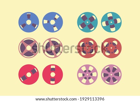 Reel to reel tape set of vintage retro. Music on reel-to-reel tape recorder. Magnetic tape. Analog audio recording on tape.Hi-Fi electronic stereo system. Color flat stock vector illustration isolated