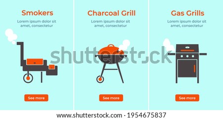 Grill, barbecue, BBQ different vector isolated set. Charcoal kettle, gas and wood fired grills. Сook steak. Frying and smoking meat.Grill online store. Picnic outdoor.Colorful flat vector illustration