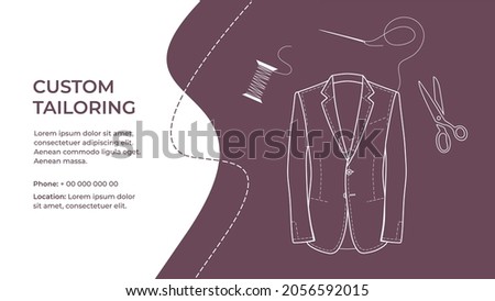 Sewing clothes, clothing, atelier. Custom tailoring. Tailor sews suit, tuxedo, blazer in sewing workshop. Bespoke, made to measure, tailoring-designed outfit. Color flat vector illustration. Isolated  商業照片 © 