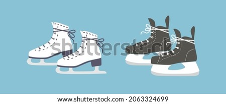 Women, man ice skates. Man, women ice skating on rink.Slides. Active lifestyle.Winter sport,active male, female leisure.Outdoor activity.Hockey. Figure skating. Color Isolated flat vector illustration