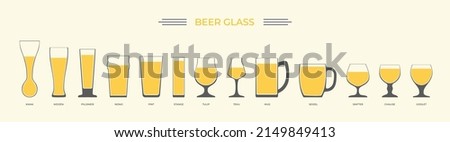 Different types beer glasses and mugs set. Various types of beer in recommended glasses. Pint , mug, weizen, pilsner, tulip, snifter, types of glasses used for beer. Color flat vector illustration. 