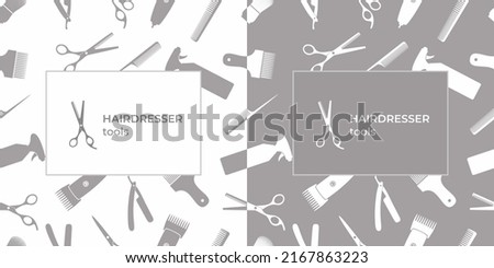 Barber, barbershop, hairdressing tools, equipment, accessories vector.Banner. Logo. Seamless pattern. Scissors, having brush, razor, hair dryer, comb, straight razor, hair clipper.Vector illustration.