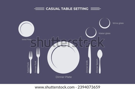 Table setting, top view. Proper place setting guide. Dinner flatware.Plan for cutlery on table. Etiquette. Plate, fork, spoon, knife, wine glass. Utensils. Color flat vector illustration. Isolated