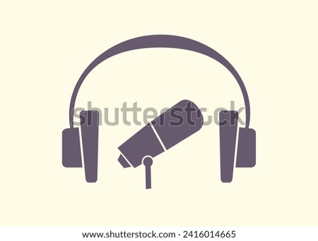 Microphone and headphones. Recording podcast shows. Radio presenter. Recording studio. Dj. Broadcast. Singer recording. Recorded conversation. Listen to the podcast. Music studio. Vector illustration.