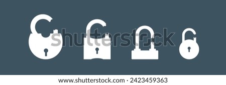 Broken lock padlock glyph icon. Simple solid style. Opened and broken or cracked lock padlock icon isolated on white background. Vector design symbol, logo illustration flat isolated on background.
