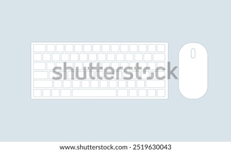 A simple vector illustration of a computer keyboard and mouse from a top-down view. The minimal design uses clean lines, perfect for tech, office, or web design projects with a modern, sleek style.