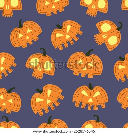 Seamless vector illustration pattern featuring stylized jack-o'-lanterns with skull-like designs on a dark background. Perfect for Halloween decorations, spooky designs, or seasonal digital artwork.