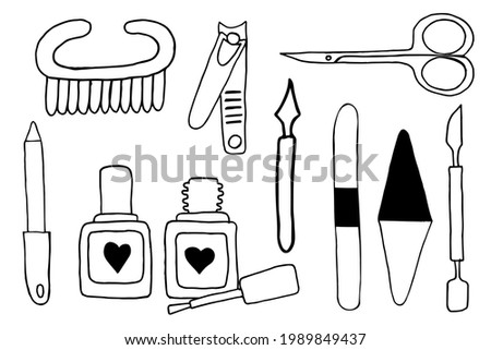 Set of tools for manicure. Hand drawing doodle sketch illustration vector. Scissors, cuticle nipper, nail files, nail polish, nail clippers, varnish, pushers. Design element, icons, print.