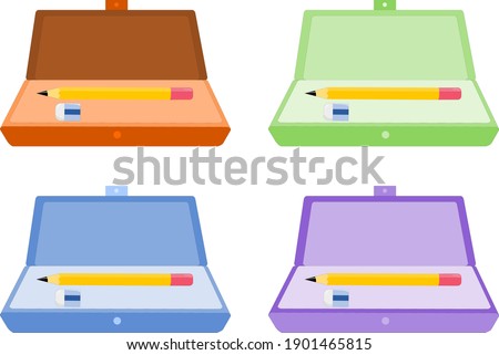 Vector illustration set of a pencil box containing a pencil and eraser